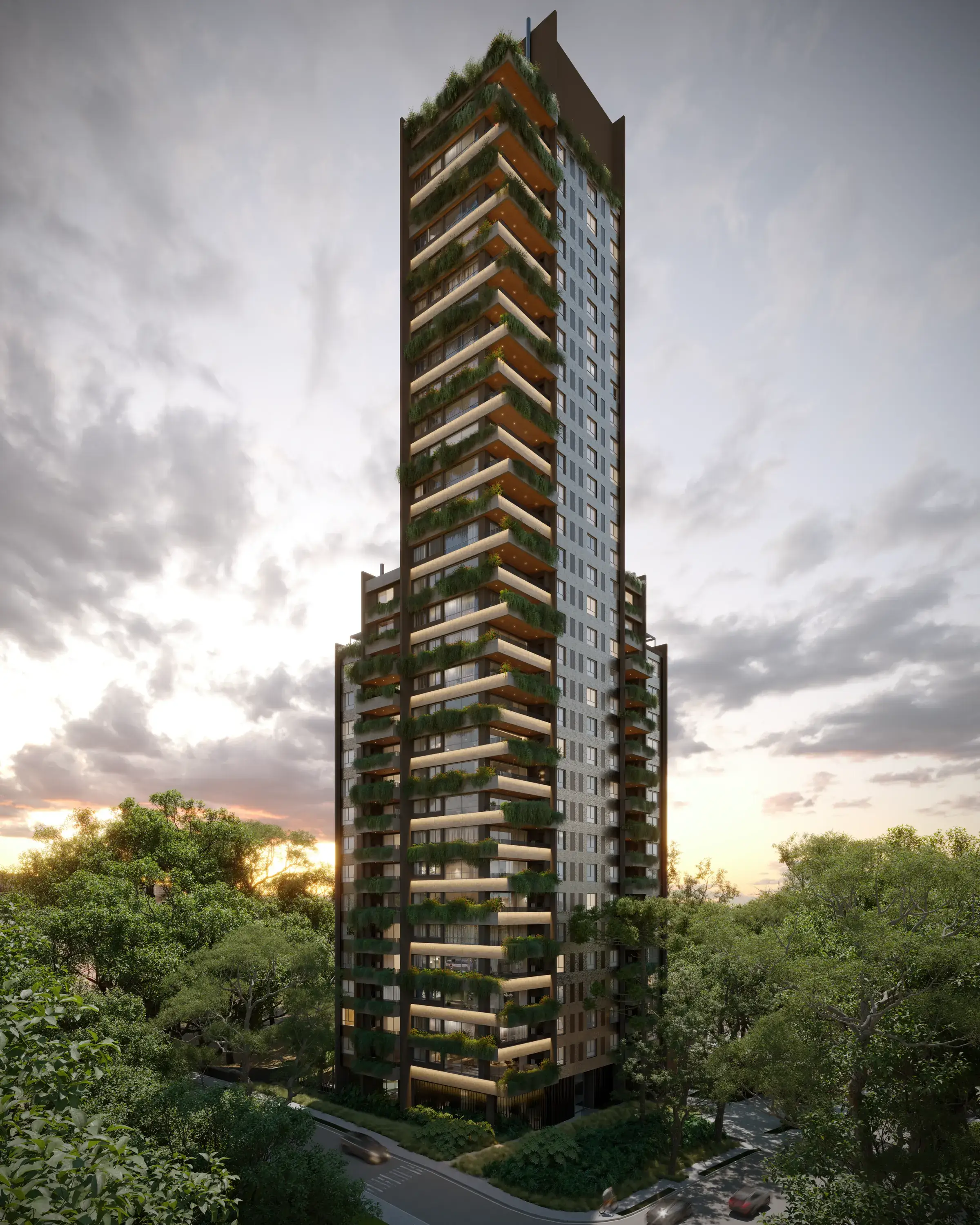 Fachada do Casa Jobim ao entardecer, torre de 32 andares com varandas ajardinadas no Ecoville, Curitiba