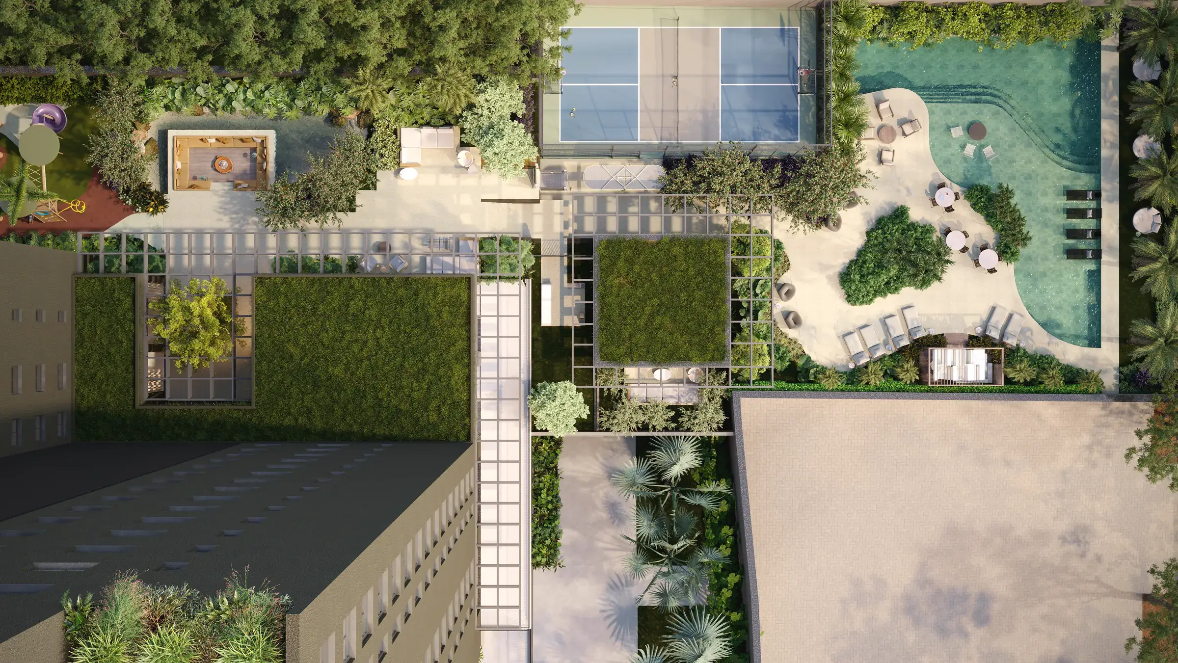Vista aérea do rooftop, piscina, quadra e áreas de lazer do Casa Jobim